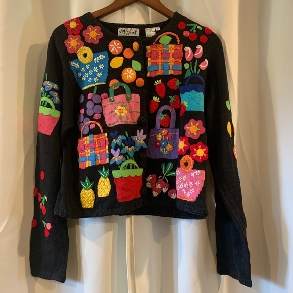 Michael Simon Sweater Cardigan Fruit Basket Purses Floral Felt Beaded Spring Med - Picture 2 of 4